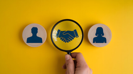 Magnifying glass focuses on handshake icon symbolizing business agreement between two individuals.