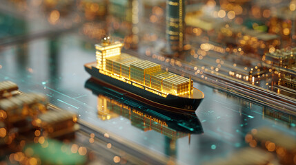 A miniature cargo ship illuminated on a circuit board.