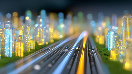 Abstract futuristic cityscape with glowing buildings and highways at night.
