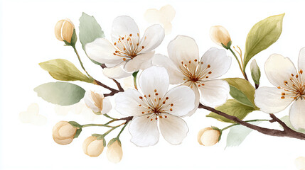 Watercolor painting of white cherry blossoms on a branch.