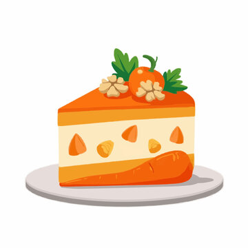 Slice of vegan carrot cake topped with mandarin and wallnuts on plate  