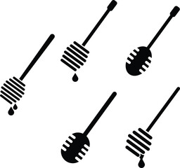 Honey dipper stick flat icon set. Wooden honey spoon dripping symbols, sweet syrup nectar tool, vectors illustration for food kitchen designs elements. Modern skincare and beauty treatment honey comb. © Mr 360 graphic