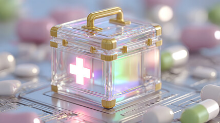 A crystal first aid kit with a glowing cross and pills.