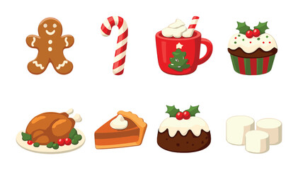 Festive christmas icons: gingerbread, candy cane, hot cocoa, cupcake, roast, pie, pudding, marshmallows
