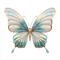 A beautiful butterfly with blue and gold details on a white background.