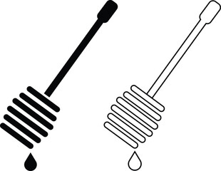 Honey dipper stick flat, outline icon set. Wooden honey spoon dripping symbols, sweet syrup nectar tool, vectors illustration for food kitchen designs. Modern skincare and beauty treatment honey comb. © Mr 360 graphic