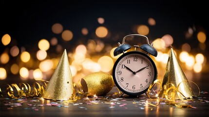 New Year's Eve Countdown Clock Surrounded by Gold Party Decor
