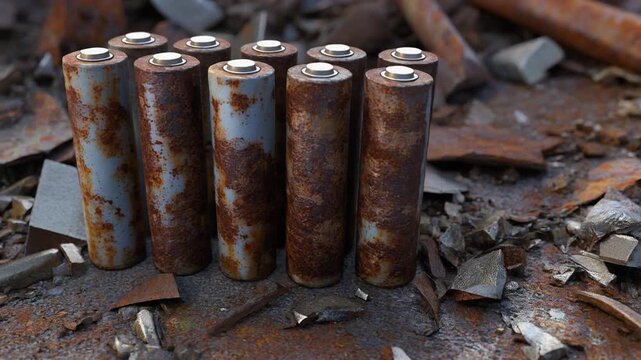 Ten heavily rusted cylindrical batteries standing upright on corroded metal debris, illustrating oxidation and environmental decay.