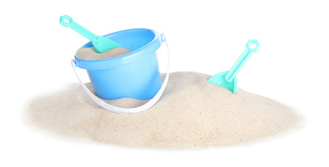 Beach toys for children and sand isolated on white, banner design. Plastic bucket and shovels © New Africa