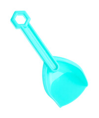 Light blue plastic shovel isolated on white. Children's beach toy