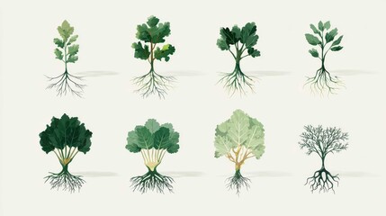 Educational Illustration Of Five Different Trees With Distinct Root Systems Showing Fibrous Taproot And Spreading Structures For Biology And Ecology