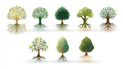 Educational Illustration Of Five Different Trees With Distinct Root Systems Showing Fibrous Taproot And Spreading Structures For Biology And Ecology