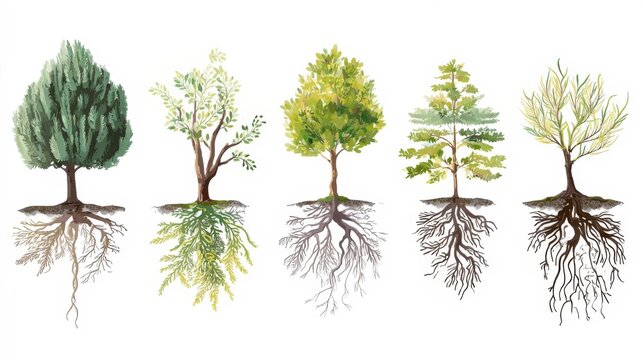 Educational Illustration Of Five Different Trees With Distinct Root Systems Showing Fibrous Taproot And Spreading Structures For Biology And Ecology