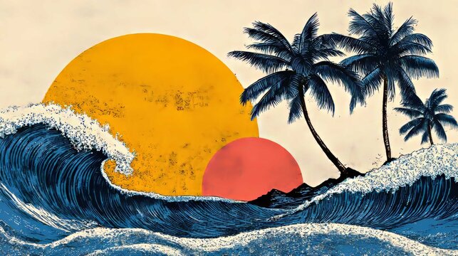 Tropical beach scene with dramatic ocean waves in deep blue shades white foam palm tree silhouettes and dual sun circles in yellow and red creating bold artistic contrast and serene mood