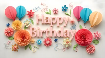 paper cut design with happy birthday with white background