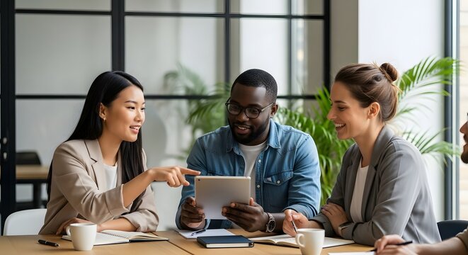 Diverse team discussing an innovative app idea and future business strategy in a modern office setting for a collaboration concept