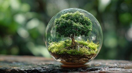 Small green tree growing inside a crystal ball or glass sphere on wooden table in nature