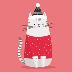Cute cat wearing Santa hat and Christmas outfit