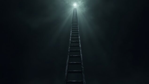 Ultra-dark surreal illustration of a tall ladder ascending into complete darkness with no visible destination, symbolizing false hope, endless struggle, and existential uncertainty, cinematic contrast