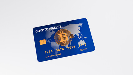 3D Crypto Wallet Card with Bitcoin Symbol on Blue Background &ndash; Digital Cryptocurrency Payment and Blockchain Finance Concept