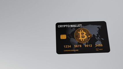 Crypto Wallet Credit Card with Bitcoin Symbol and World Map Concept on Minimal Gray Background