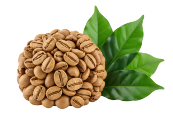 extreme macro detail of premium light roasted arabica coffee beans and crisp emerald leaves against a high-key white background, volumetric lighting. concept for premium coffee advertisement