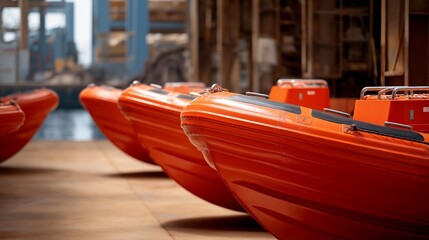 A row of newly painted lifeboats lined up in the dockyard, technicians performing final safety checks before installation — marine safety gear, preparation workflows, and ship readiness procedures.