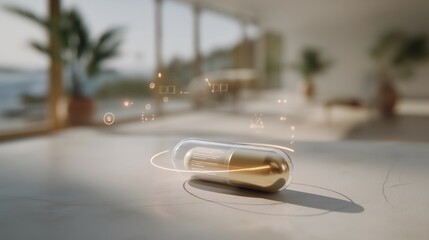 A minimalist workstation featuring a transparent data capsule storing encrypted files, glowing softly as holographic icons orbit around it — cybersecurity visualization, futuristic data storage,