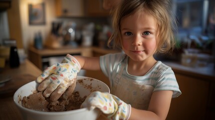 A toddler wearing oversized kitchen mitts helping a parent stir batter in a mixing bowl, flour smudges dotting their cheeks as laughter fills the room — family bonding, messy play, and early