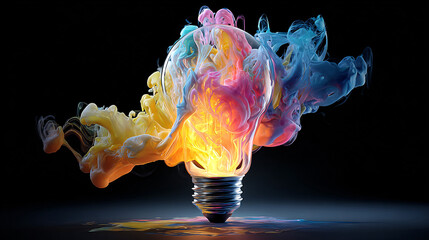Colorful Rainbow Smoke Explosion from Light Bulb on Black Background