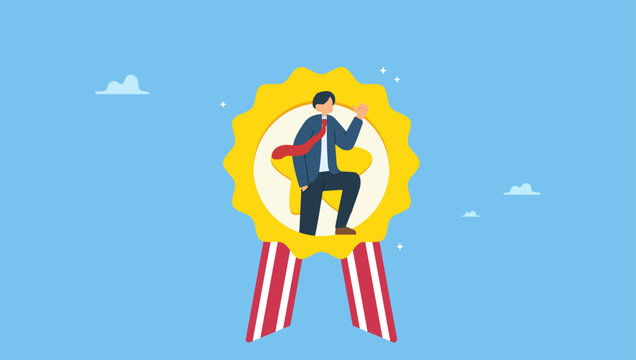 Confidence businessman in award winning medal thumbs up himself. Self promotion, encouragement and motivate yourself for positive thinking and achieve.