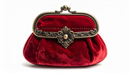 “Vintage red velvet clutch purse with ornate metallic frame and pearl-like centerpiece on white background”
