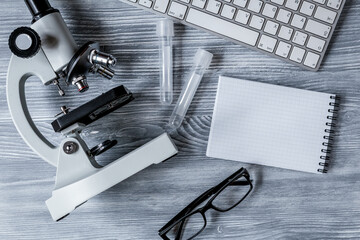lab assistant desk with microscope top view