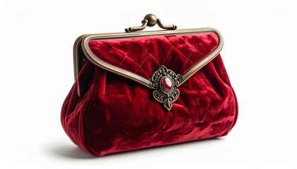 “Vintage red velvet clutch purse with ornate metallic frame and pearl-like centerpiece on white background”