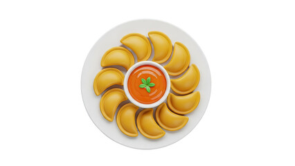 3D Dumplings with dipping sauce on a white plate on transparent background