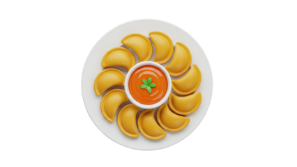 3D Dumplings with dipping sauce on a white plate on transparent background