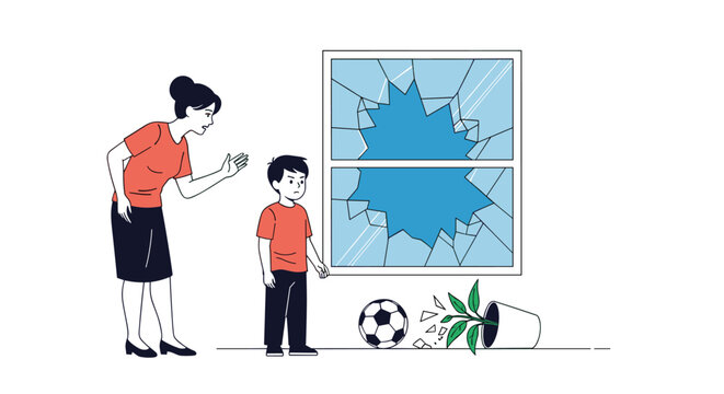 Angry mother scolds her young son after he accidentally breaks a window with a soccer ball while playing indoors at home.