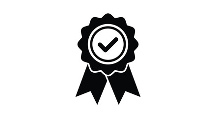 Professional quality assurance seal icon features a check mark inside a circular badge with ribbons representing excellence and certificate.