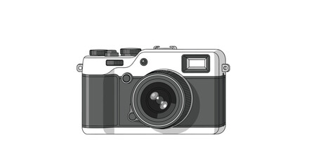 Modern digital mirrorless camera with a large lens is illustrated in a clean style showing controls and viewfinders for photography enthusiasts.