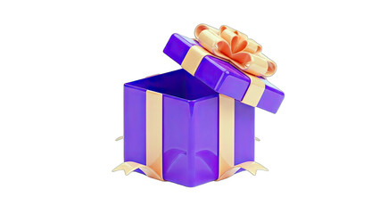 3D Open purple gift box with golden ribbon and bow on transparent background