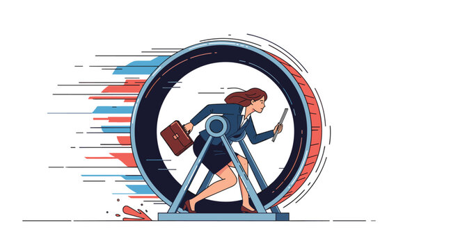 Determined businesswoman in a professional suit runs inside a large hamster wheel symbolizing the repetitive nature of office work life.
