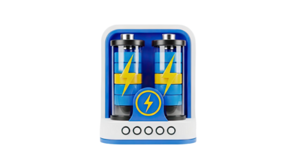 3D Battery Charger Icon with Two Batteries and Lightning Bolts on transparent background