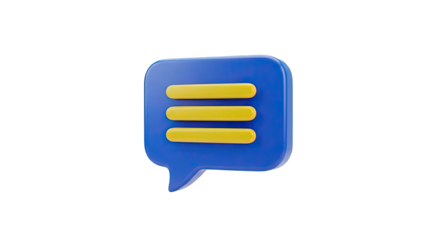 3D blue speech bubble with yellow lines on transparent background - Powered by Adobe