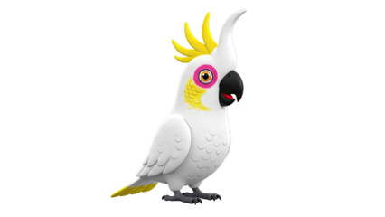 3D Cartoon Cockatoo Bird with Yellow Crest on transparent background