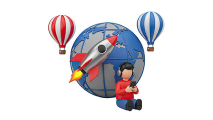 3D cartoon boy with headphones using phone around the globe on transparent background