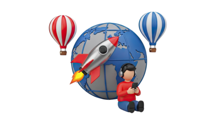 3D cartoon boy with headphones using phone around the globe on transparent background