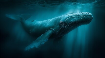 Fototapeta premium Whale dramatic lighting concept, A majestic whale swimming gracefully in deep ocean waters.