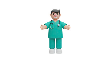 3D Cartoon Doctor Wearing Scrubs and Stethoscope on transparent background