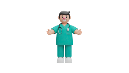 3D Cartoon Doctor Wearing Scrubs and Stethoscope on transparent background