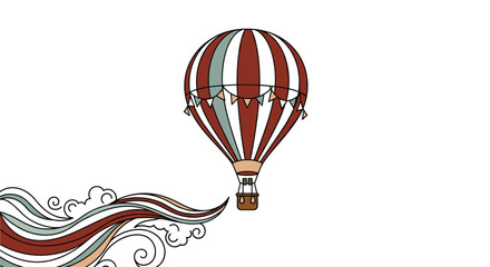 Obraz premium Vintage style hot air balloon featuring red and white stripes flying high above several decorative swirling clouds.